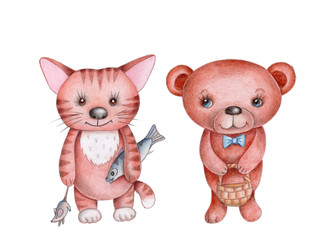 Watercolor hand painted illustration of cute teddy bear and a cat. Isolated on white.