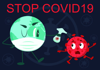 Illustration with coronavirus bacterium and the word stop