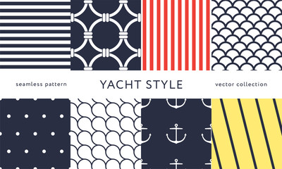 Set of nautical seamless patterns. Yacht style design. Vintage decorative background. Template for prints, wrapping paper, fabrics, flyers, banners, posters and placards. Vector illustration.  - 340660029