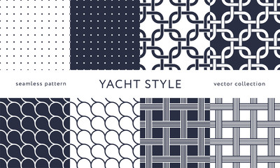 Set of nautical seamless patterns. Yacht style design. Vintage decorative background. Template for prints, wrapping paper, fabrics, flyers, banners, posters and placards. Vector illustration.  - 340660220