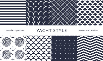 Set of nautical seamless patterns. Yacht style design. Vintage decorative background. Template for prints, wrapping paper, fabrics, flyers, banners, posters and placards. Vector illustration. 