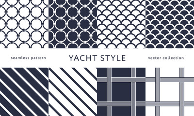 Set of nautical seamless patterns. Yacht style design. Vintage decorative background. Template for prints, wrapping paper, fabrics, flyers, banners, posters and placards. Vector illustration. 