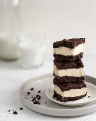 Royal cheesecake with with chocolate crumbs. homemade cottage cheese dessert with chocolate dough