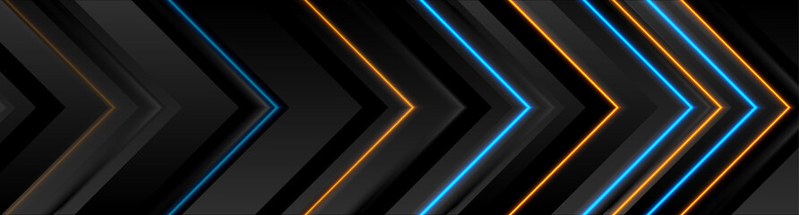 Technology black abstract banner design with neon arrows. Vector geometric background