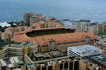 Aerial view of Monaco and the football stadium from the exotic garden