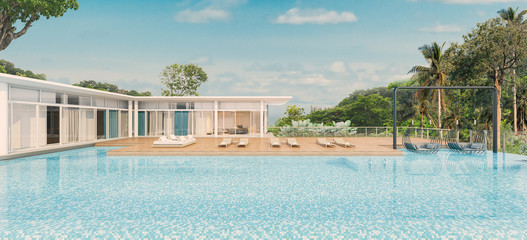 Sea view with a beautiful swimming pool, sunbeds and swings,3d render