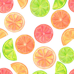 watercolor illustration, seamless pattern with colorful citrus, wallpaper ornament, wrapping paper, scrapbooking