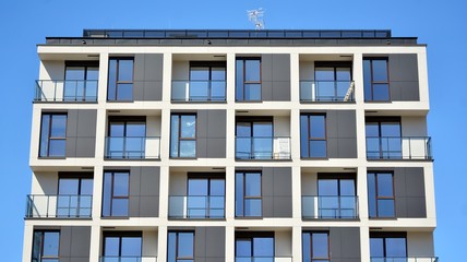 Facade of new residential building. Contemporary apartment building . Generic residential architecture.