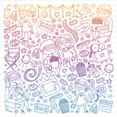 Vector pattern with cinema icons of movie theater, TV, popcorn, video clip. Kindergarten and school children watching movies.