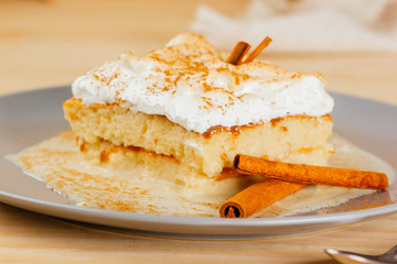 Delicious and juicy Three milk cake with a little cinnamon, typical Latin American dessert