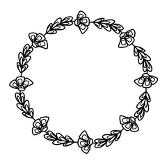 Wreath frame from doodle flowers on long stems. Black and white vector illustration of a wreath with place for text. Isolated floral element for your design.


