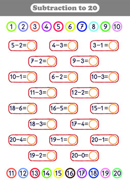 Subtraction to 20, math worksheet for kids, printable activity and homework pages