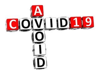Avoid Coronavirus COVID-19. 3D red-white crossword puzzle on white background. Corona Virus Creative Words.