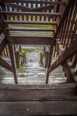 Wooden view tower - a downward view focused on the stairs and platforms	
