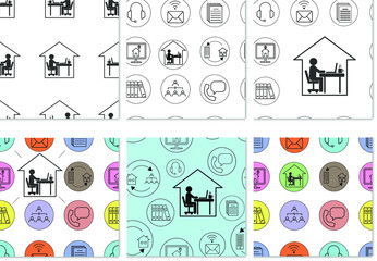Set of seamless pattern with working from home icons. Home office technology, remote work, freelance, work from home, online job concept. Vector illustrations.  EPS 10