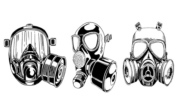 Graphical set of gas masks isolated on white background, vector illustration, virus elements