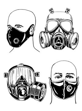 Graphical set of gas masks isolated on white background, vector illustration, virus elements