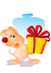 cute cartoon dog character carries a big box with a red bow in its paws, vector illustration,