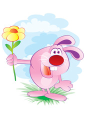 cute pink hare character holds flower in its paws, vector illustration,