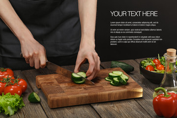 Woman cooking fresh vegetable salad. Female hands. Diet concept for healthy lifestyle with sample text.