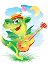 cute crocodile character in a yellow hat plays guitar fun, vector illustration,