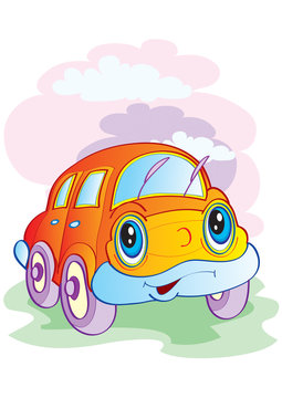 Car wash service - happy yellow automobile with soap bubbles. Vector illustration of happy yellow car in car wash cleaning service. Vector cartoon illustration.