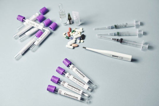 Sample medical tubes for analysis of coronavirus, laboratory research to create vaccine against a new virus covid-19.