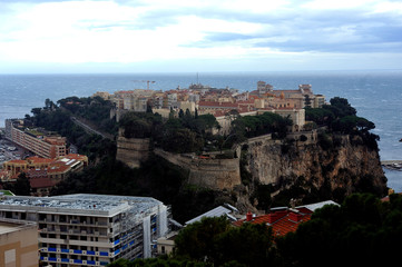 Aerial view of Monaco and its rock from the heights of the exotic garden