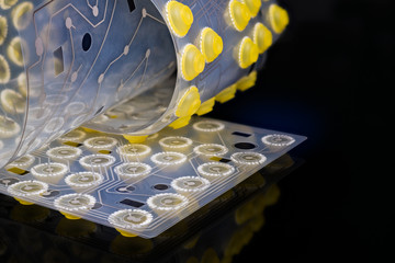 Electronic flex circuit board on inside keybord membrane. Silicone buttons detail. Artistic still...