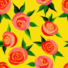 seamless pattern with stylized roses in bright colors, wallpaper ornament, wrapping paper, romantic background