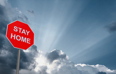 Stay at home 3D rendered concept on blue sky rising sun background
