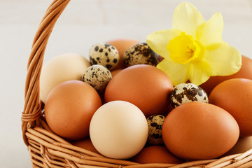 Wicker basket full of eggs decorated with spring flowers.