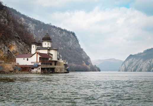 Church in the river danube in Romania. Monastery in the iron gates.