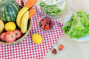 vegetables and fruit in the basket.