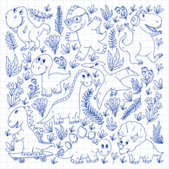 Pattern kids fabric, textile, nursery wallpaper. Vector illustration. Hand drawn dinosaurs, dino for little children.