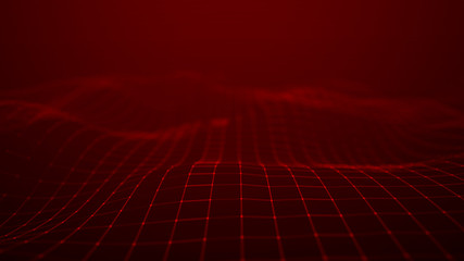 Wave 3d. Wave of particles. Abstract Red Geometric Background. Big data visualization. Data technology abstract futuristic illustration. 3d rendering.