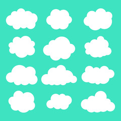 Set of clouds in blue sky. Cloud icon shape. Collection of different clouds, label, symbol. Graphic vector design element for logo, web and print.