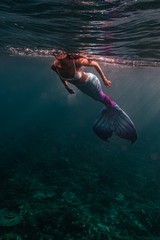 Fototapeta na wymiar Young female free diver swimming in the surface in a colorful and sexy mermaid costume.