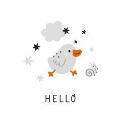 Cute childish print with cute animals isolated on white. Best little friends. Cartoon duck and snail vector illustration. Ideal for card, poster, kids room decoration, invitations, clothing, print