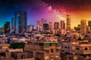Beautiful Cityscape with Sun Reflections on Buildings of Tel Aviv, Israel under an amazing Sky.