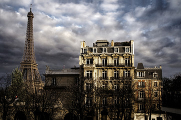 Eiffel Tower and typical Paris Building after the Storm and under a beautiful Light