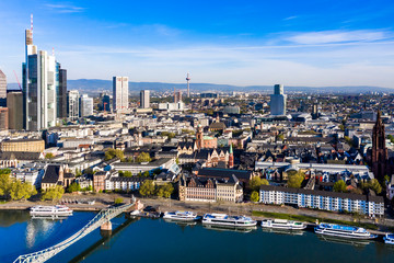 Fototapeta premium Aerial view, Frankfurt, skyline, with skyscrapers, river Main, Hesse, Germany