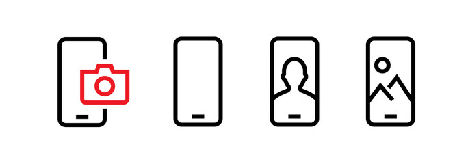Set of Front, Blank, Selfie, Vertical Phone Multi-Cameras icons. Editable line vector.