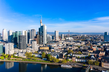 Fototapeta premium Aerial view, Frankfurt, skyline, with skyscrapers, river Main, Hesse, Germany