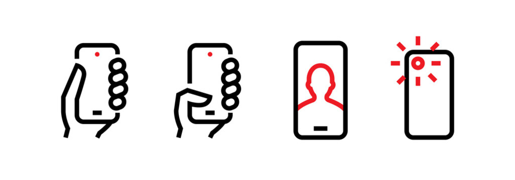 Set of Take, Push on Phone, Selfie, Camera Phone Multi-Cameras icons. Editable line vector.