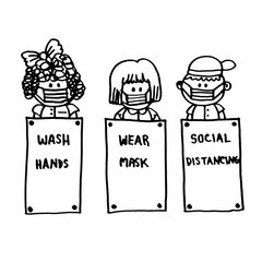 Wash Hand, Wear Mask, Social Distancing Text with Children Boy and girls wearing masks Prevent germs virus STOP COVID-19 , Hand drawn , Cartoon Doodle