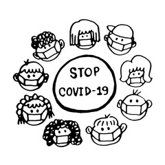 Children Boys and girls wearing masks Prevent germs virus STOP COVID-19 , Hand drawn , Cartoon Doodle
