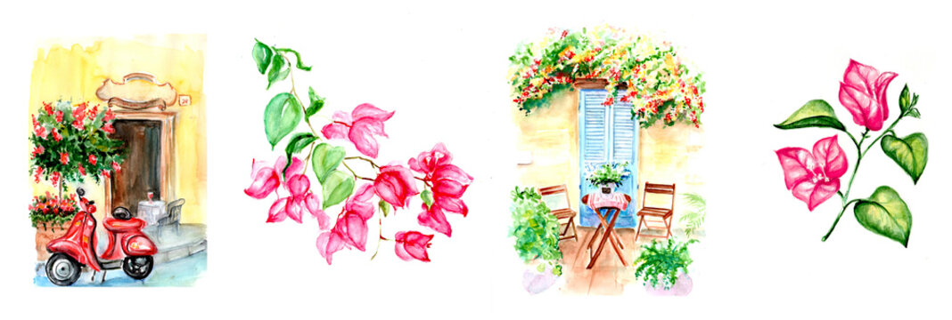 Fototapeta  Watercolor painting of Vintage old street sketch art illustration