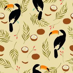 seamless pattern with toucan and coconuts.Exotic birds in a minimalist, abstract style, hand drawn illustration