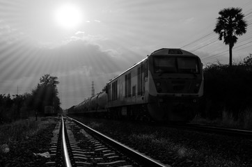 Running freight train in the evening sunlight